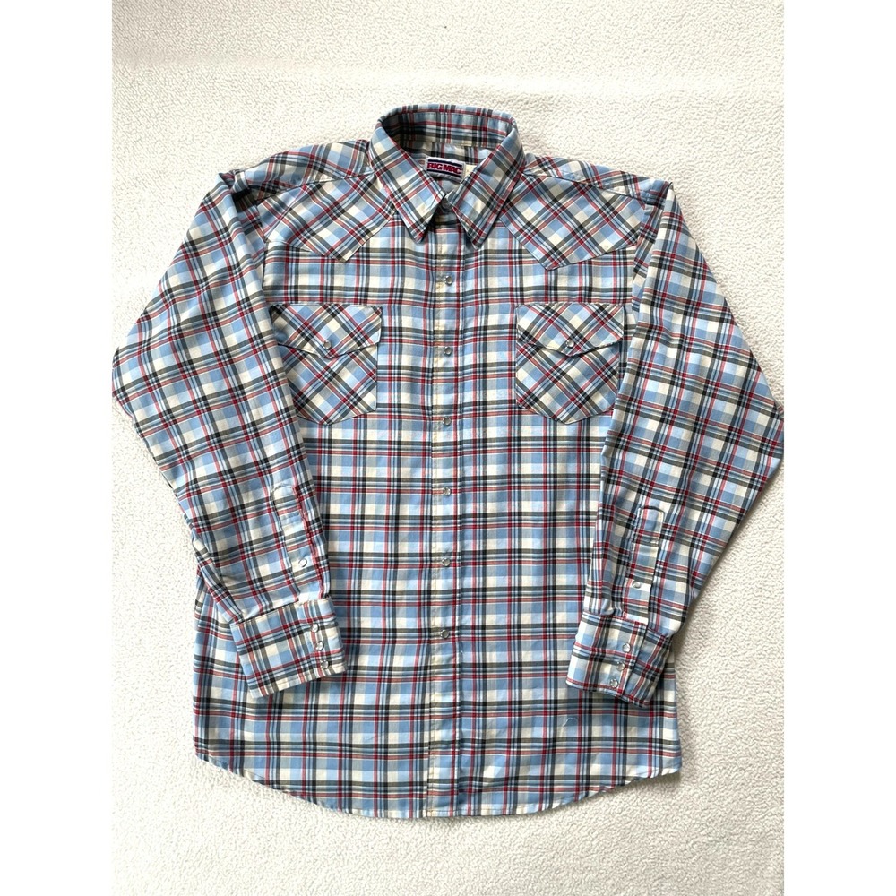 Big Mac Mens X-Large Western Shirt Blue Plaid Pearl Snap Long Sleeve VDR 1399‎